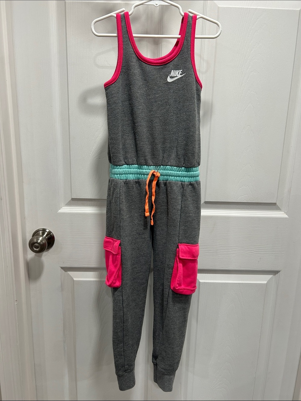 Nike Gray Jumpsuit with Pink Trim and Teal Waistband